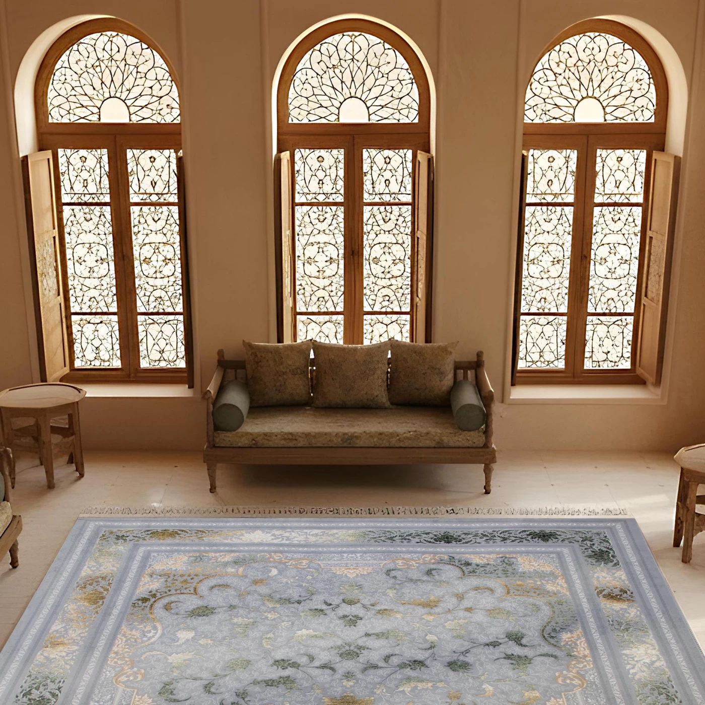 فرش ماشینی ۷۰۰ شانه تراکم ۲۵۵۰ طرح پاناروما سبز نقره‌ ای