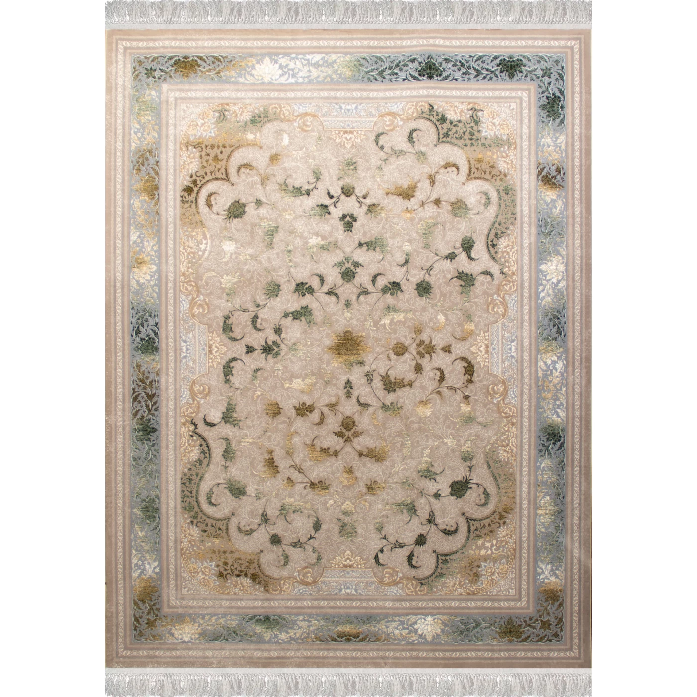 فرش ماشینی ۷۰۰ شانه تراکم ۲۵۵۰ طرح پاناروما سبز ترمه ای