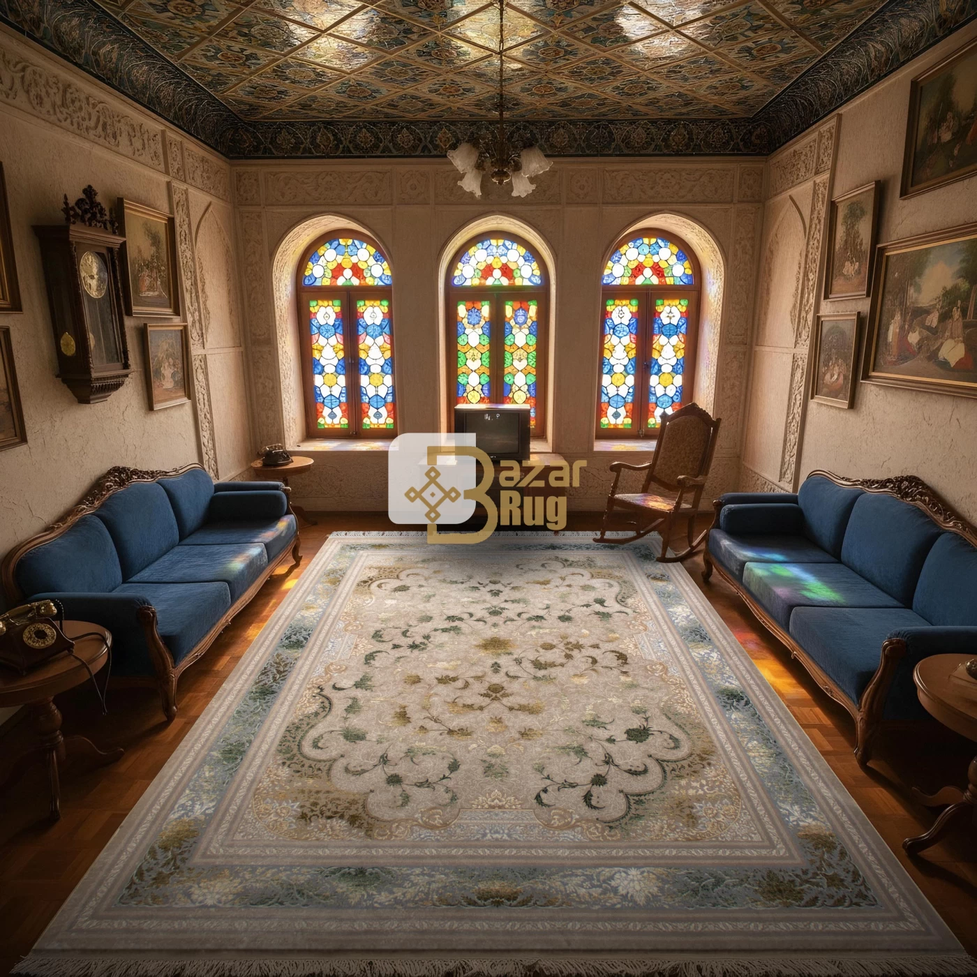 فرش ماشینی ۷۰۰ شانه تراکم ۲۵۵۰ طرح پاناروما سبز ترمه ای