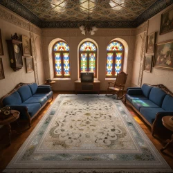 فرش ماشینی ۷۰۰ شانه تراکم ۲۵۵۰ طرح پاناروما سبز ترمه ای - بازارفرش - فرش 700 شانه