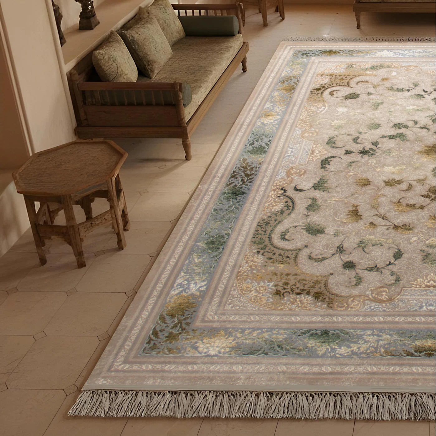 فرش ماشینی ۷۰۰ شانه تراکم ۲۵۵۰ طرح پاناروما ترمه‌ای