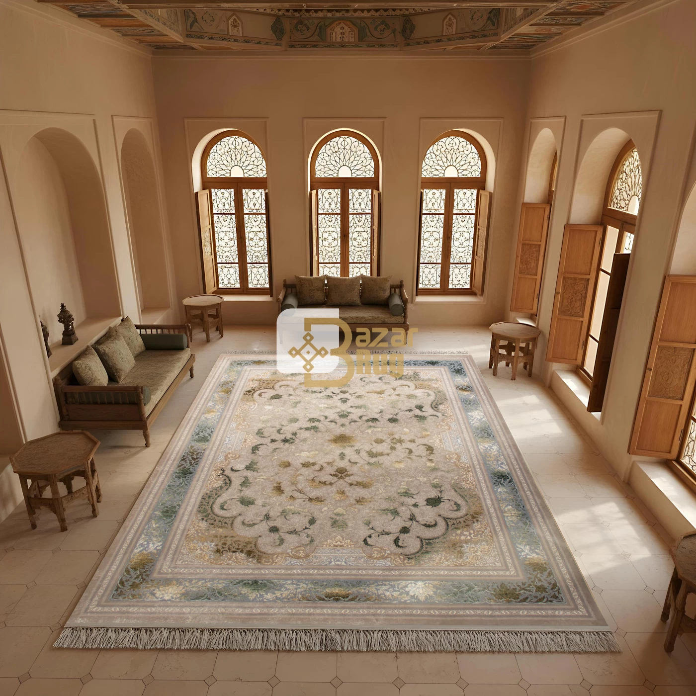 فرش ماشینی ۷۰۰ شانه تراکم ۲۵۵۰ طرح پاناروما ترمه‌ای