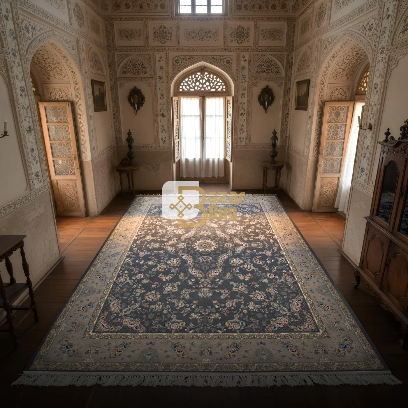 فرش ماشینی ۷۰۰ شانه تراکم ۲۵۵۰ طرح پروانه دودی