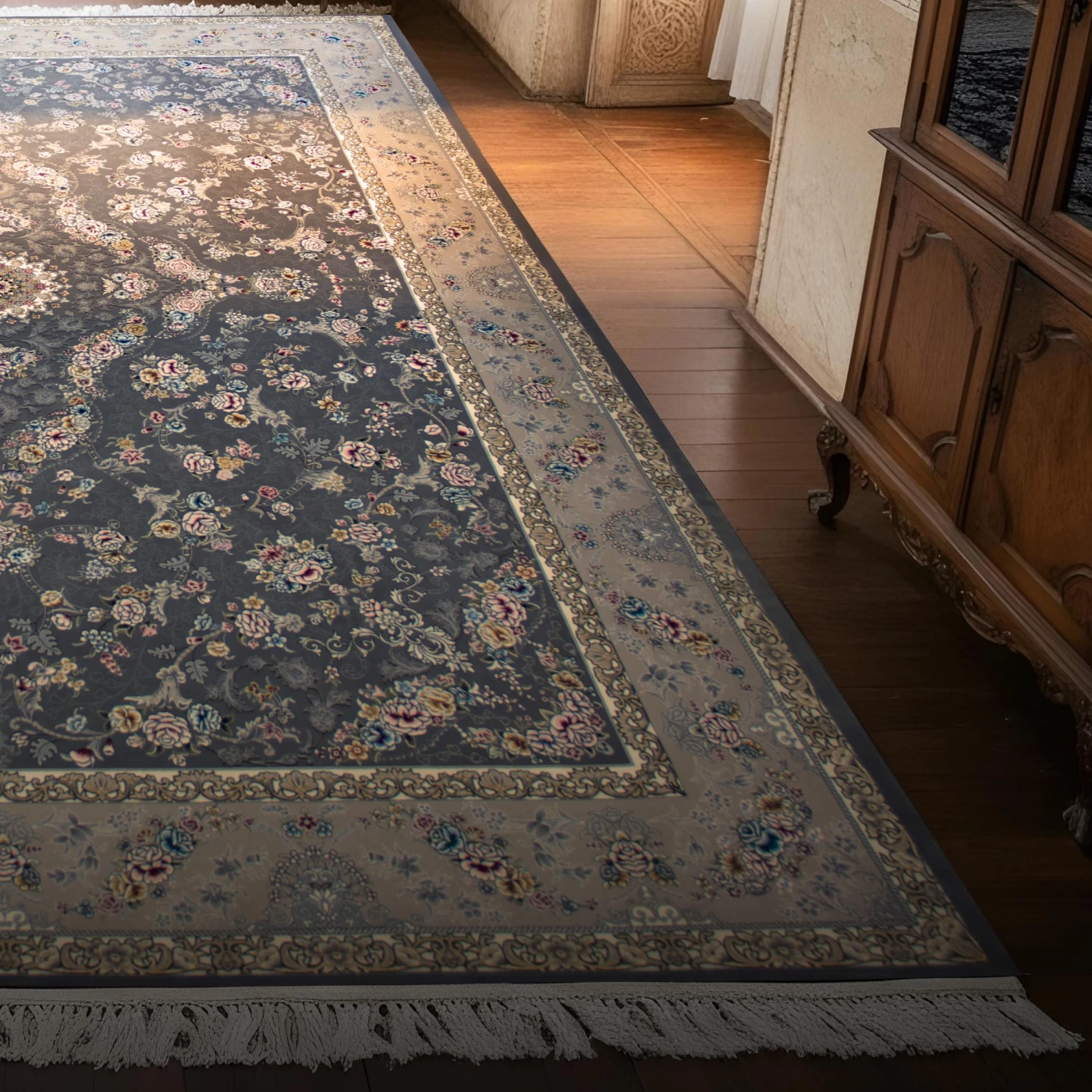 فرش ماشینی ۷۰۰ شانه تراکم ۲۵۵۰ طرح پروانه دودی