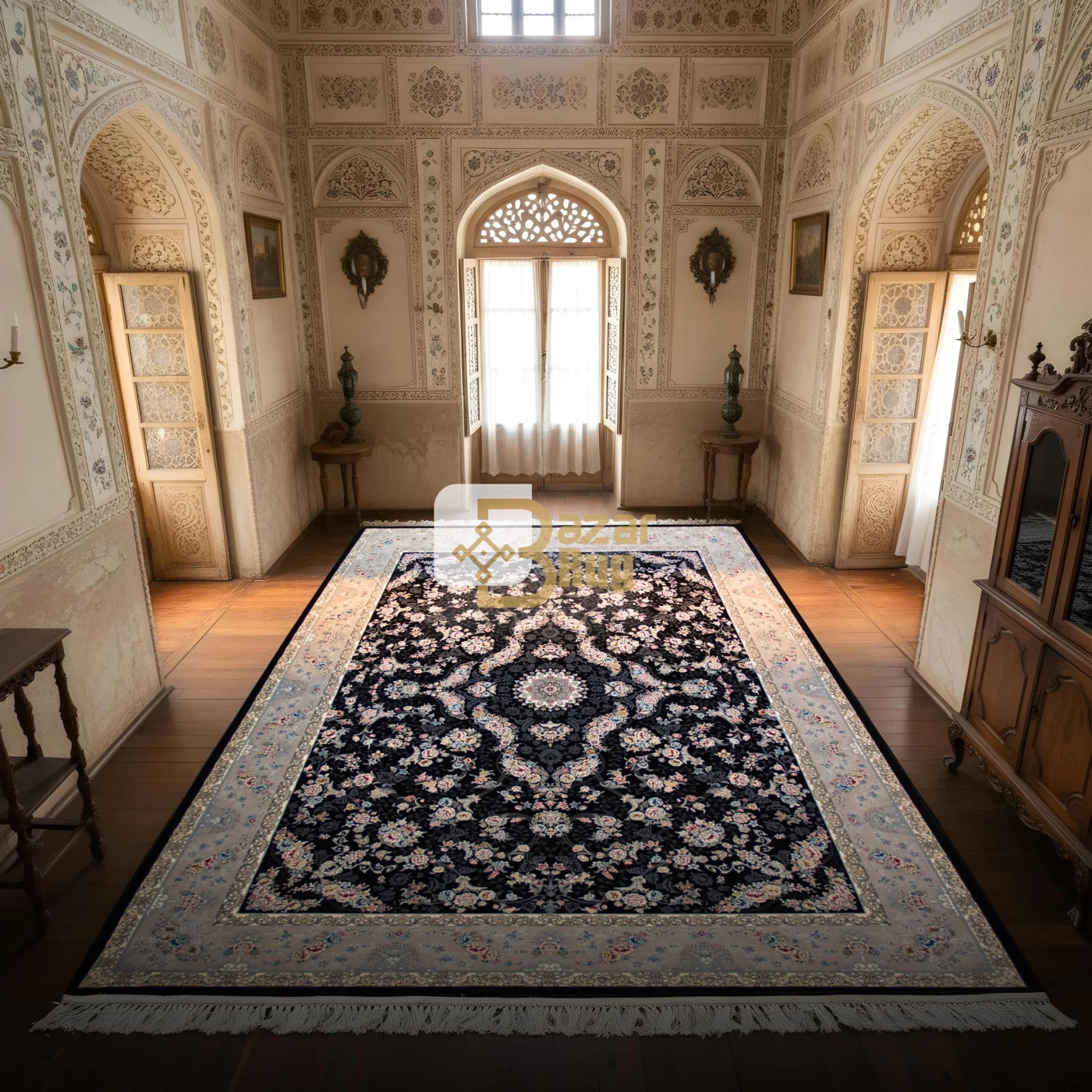 فرش ماشینی ۷۰۰ شانه تراکم ۲۵۵۰ طرح پروانه سرمه ای