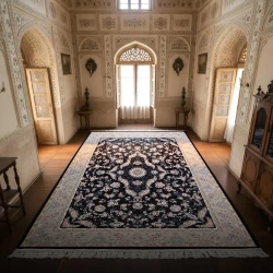 فرش ماشینی ۷۰۰ شانه تراکم ۲۵۵۰ طرح پروانه سرمه ای - بازارفرش - فرش 700 شانه