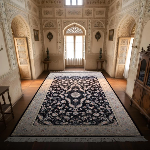 فرش ماشینی ۷۰۰ شانه تراکم ۲۵۵۰ طرح پروانه سرمه ای