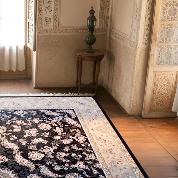 فرش ماشینی ۷۰۰ شانه تراکم ۲۵۵۰ طرح پروانه سرمه ای