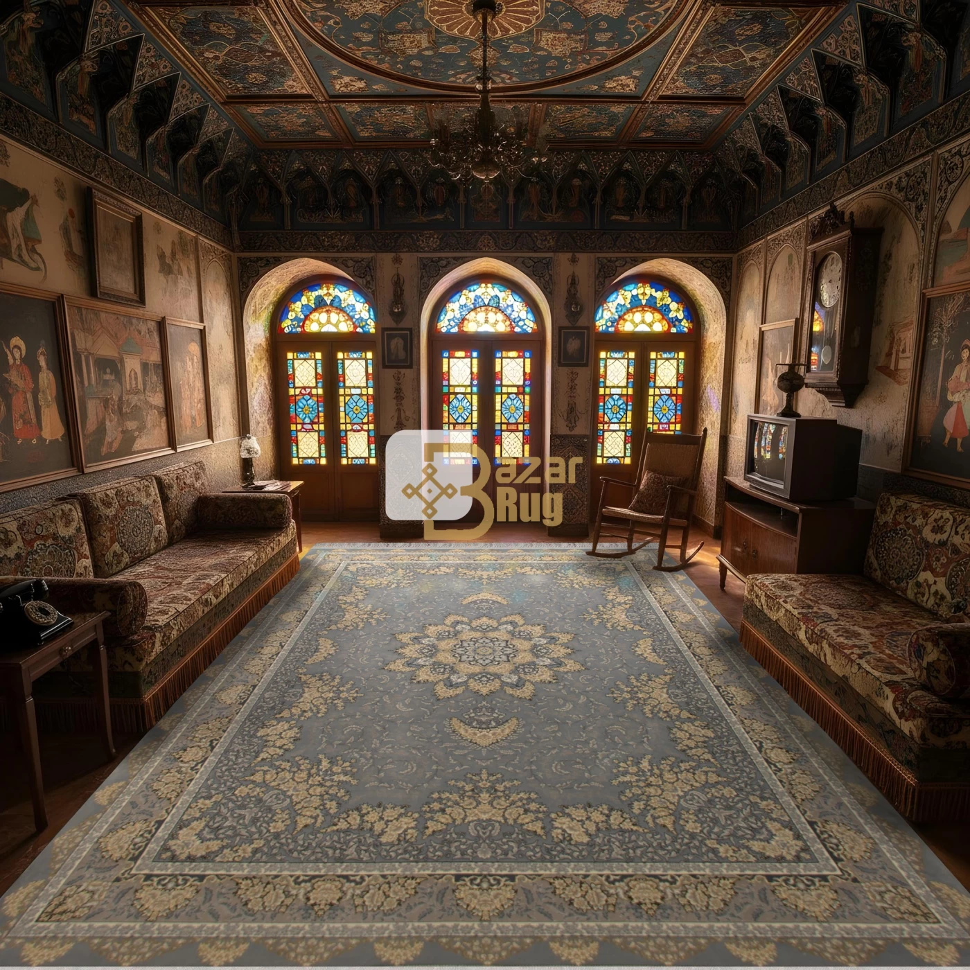 فرش ماشینی 700 شانه تراکم 2550 طرح شیفته  نقره ای