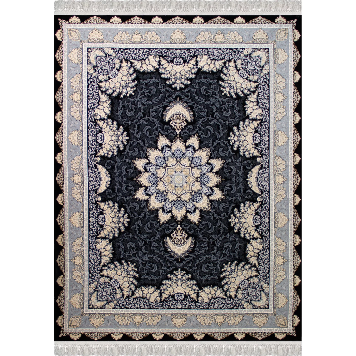 فرش ماشینی ۷۰۰ شانه تراکم ۲۵۵۰ طرح شیفته سرمه‌ ای