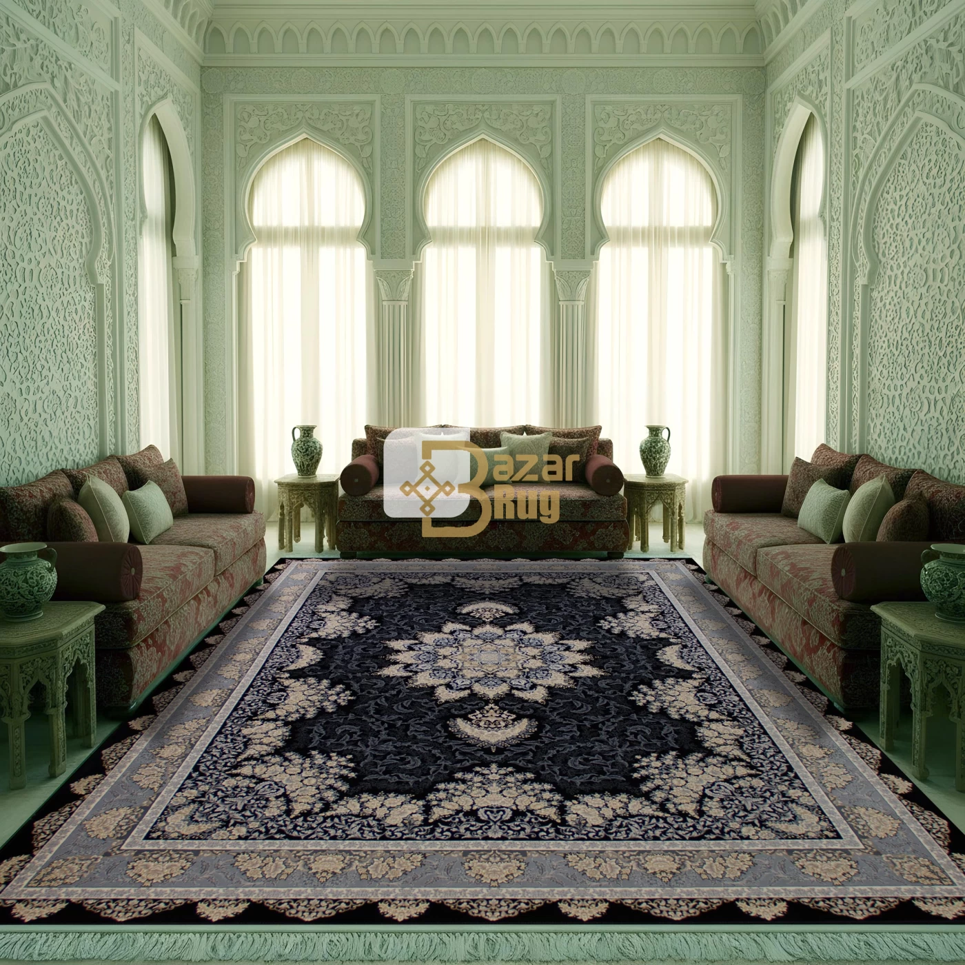 فرش ماشینی ۷۰۰ شانه تراکم ۲۵۵۰ طرح شیفته سرمه‌ ای