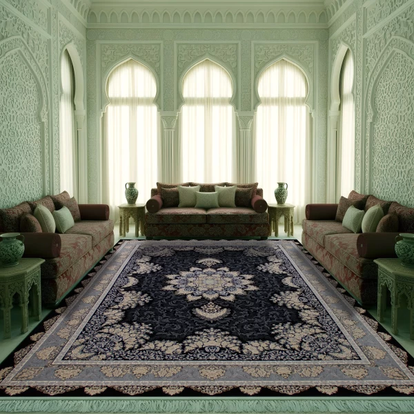 فرش ماشینی ۷۰۰ شانه تراکم ۲۵۵۰ طرح شیفته سرمه‌ ای