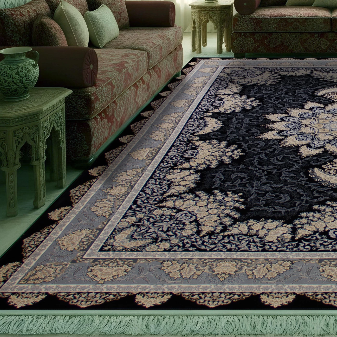 فرش ماشینی ۷۰۰ شانه تراکم ۲۵۵۰ طرح شیفته سرمه‌ ای