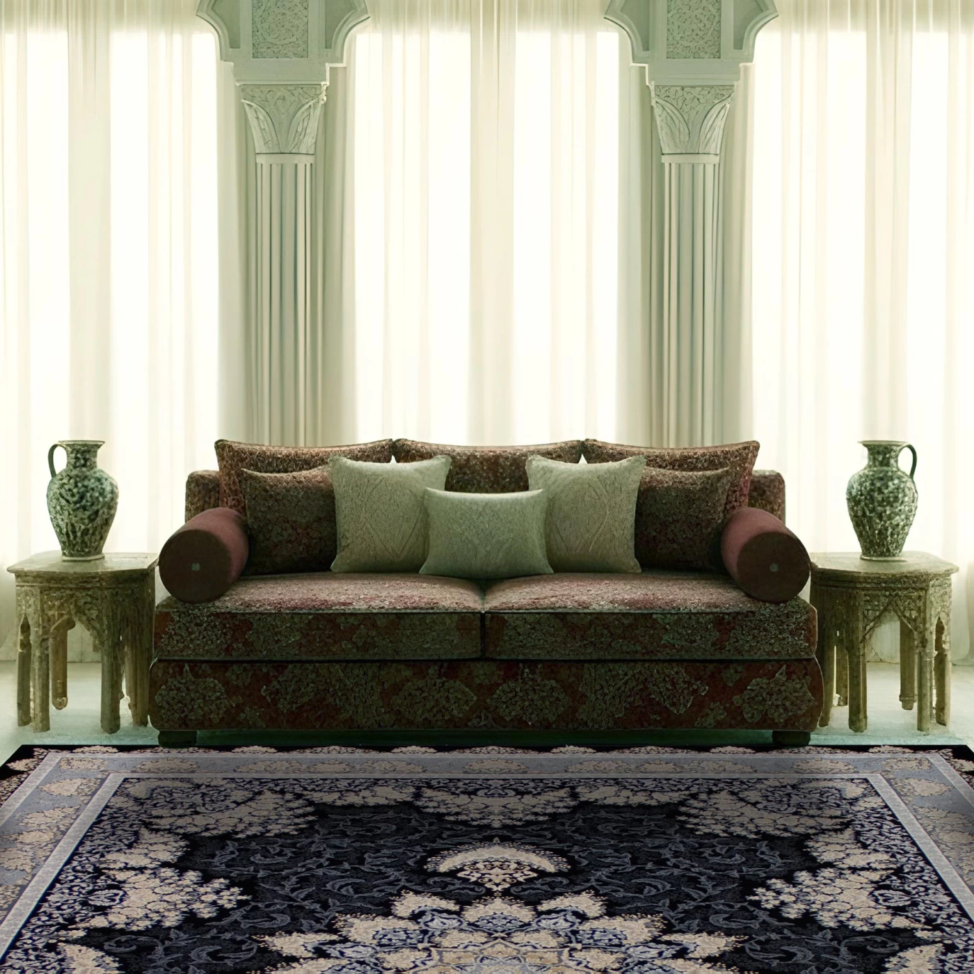 فرش ماشینی ۷۰۰ شانه تراکم ۲۵۵۰ طرح شیفته سرمه‌ ای