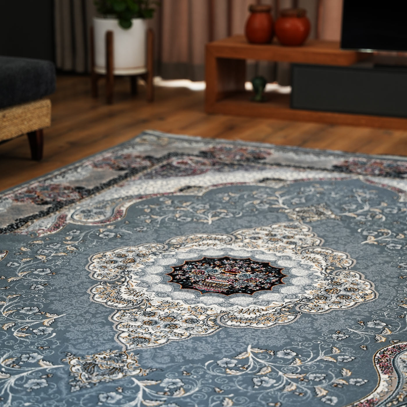 فرش ماشینی 700 شانه تراکم 2550 طرح سوگند سرمه ای