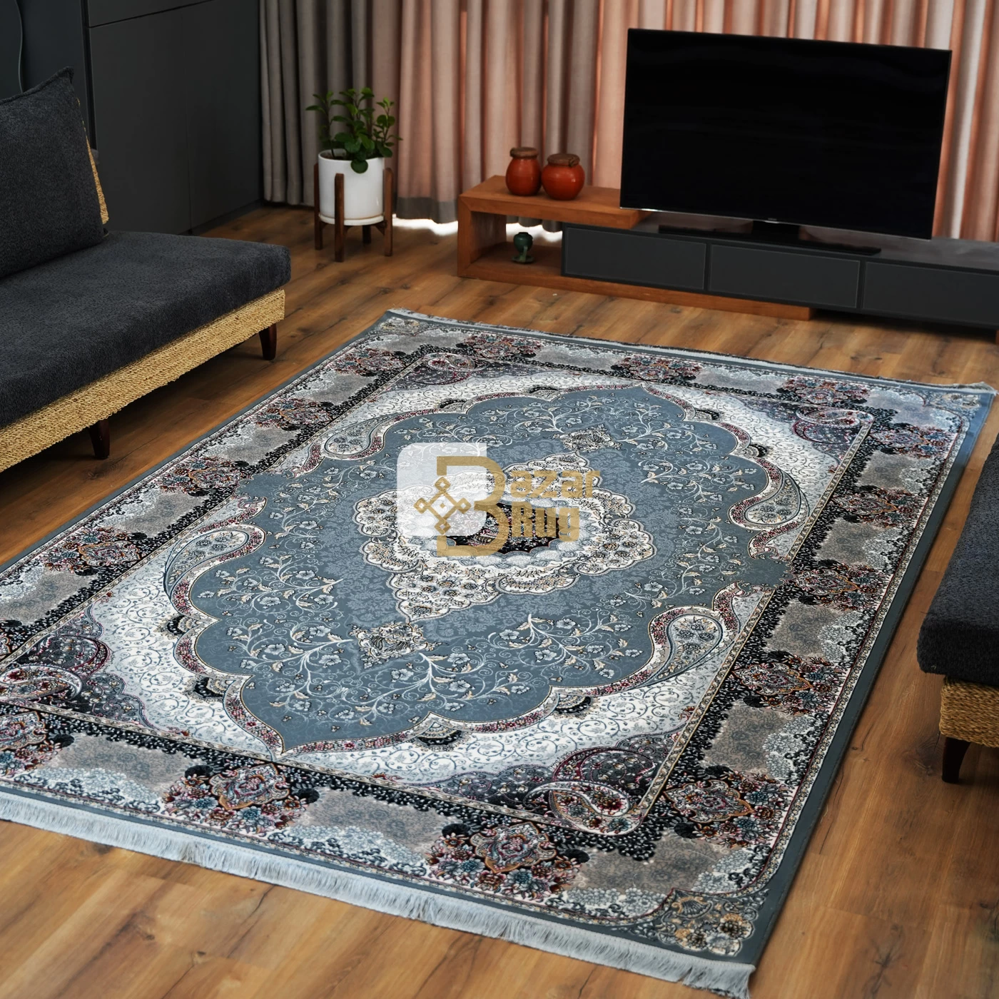 فرش ماشینی 700 شانه تراکم 2550 طرح سوگند سرمه ای