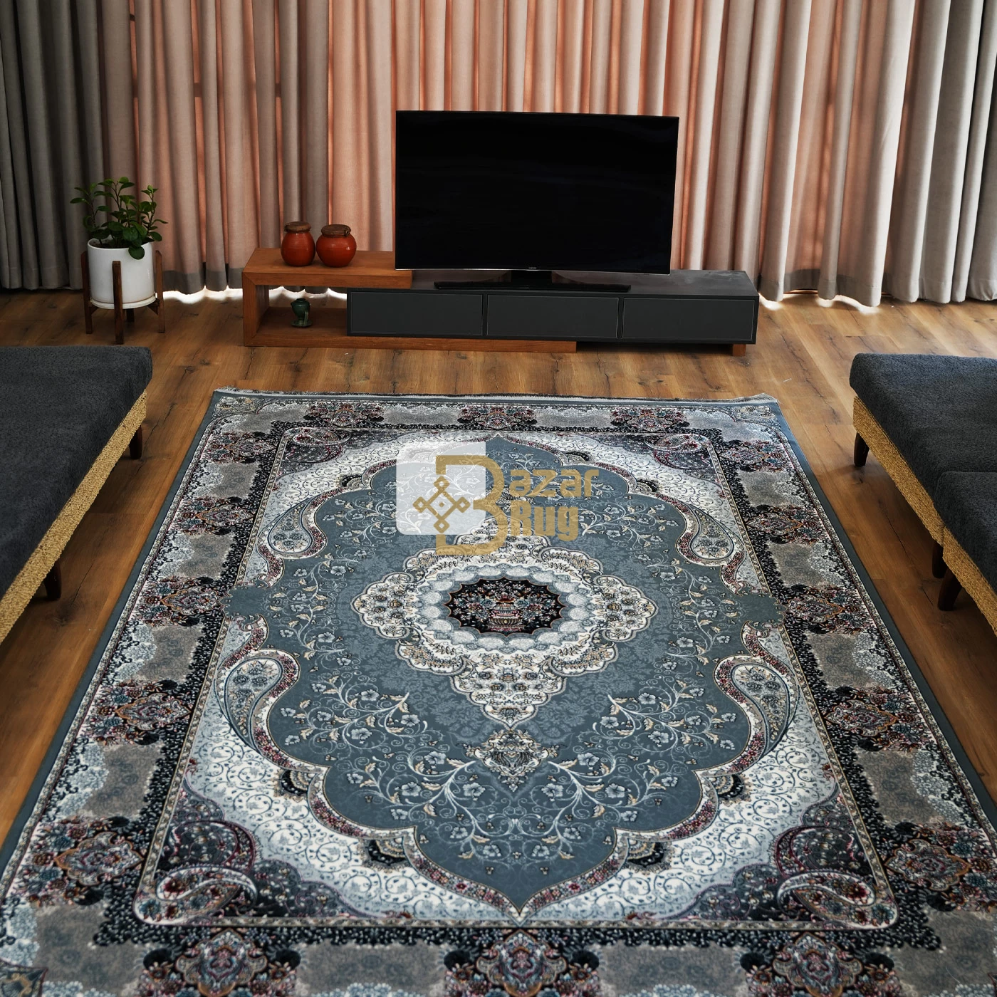 فرش ماشینی 700 شانه تراکم 2550 طرح سوگند سرمه ای