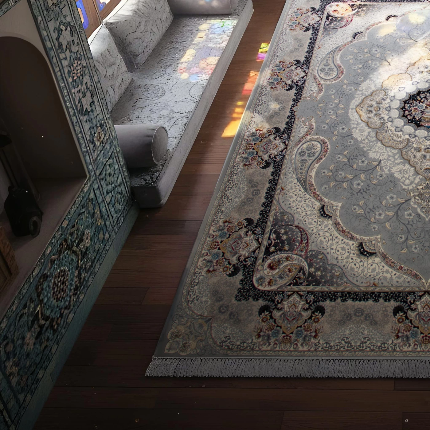 فرش ماشینی ۷۰۰ شانه تراکم ۲۵۵۰ طرح سوگند نقره ای