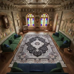 فرش ماشینی 700 شانه تراکم 2550 طرح سوگند سرمه ای - بازارفرش - فرش 700 شانه