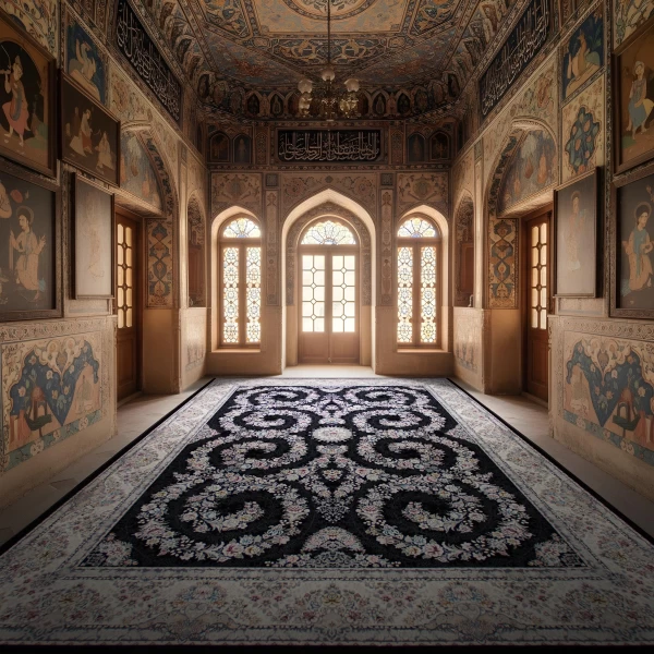 فرش ماشینی ۷۰۰ شانه تراکم ۲۵۵۰ طرح شکوه سرمه ای