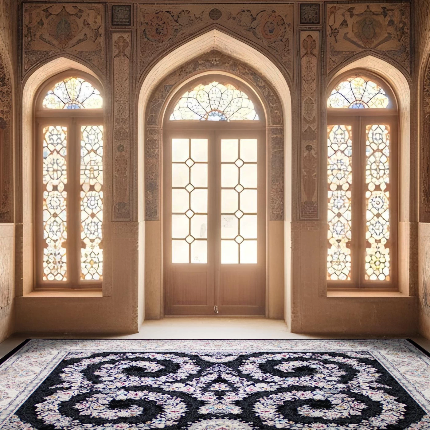 فرش ماشینی ۷۰۰ شانه تراکم ۲۵۵۰ طرح شکوه سرمه ای