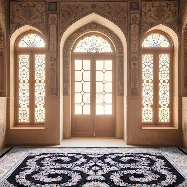 فرش ماشینی ۷۰۰ شانه تراکم ۲۵۵۰ طرح شکوه سرمه ای