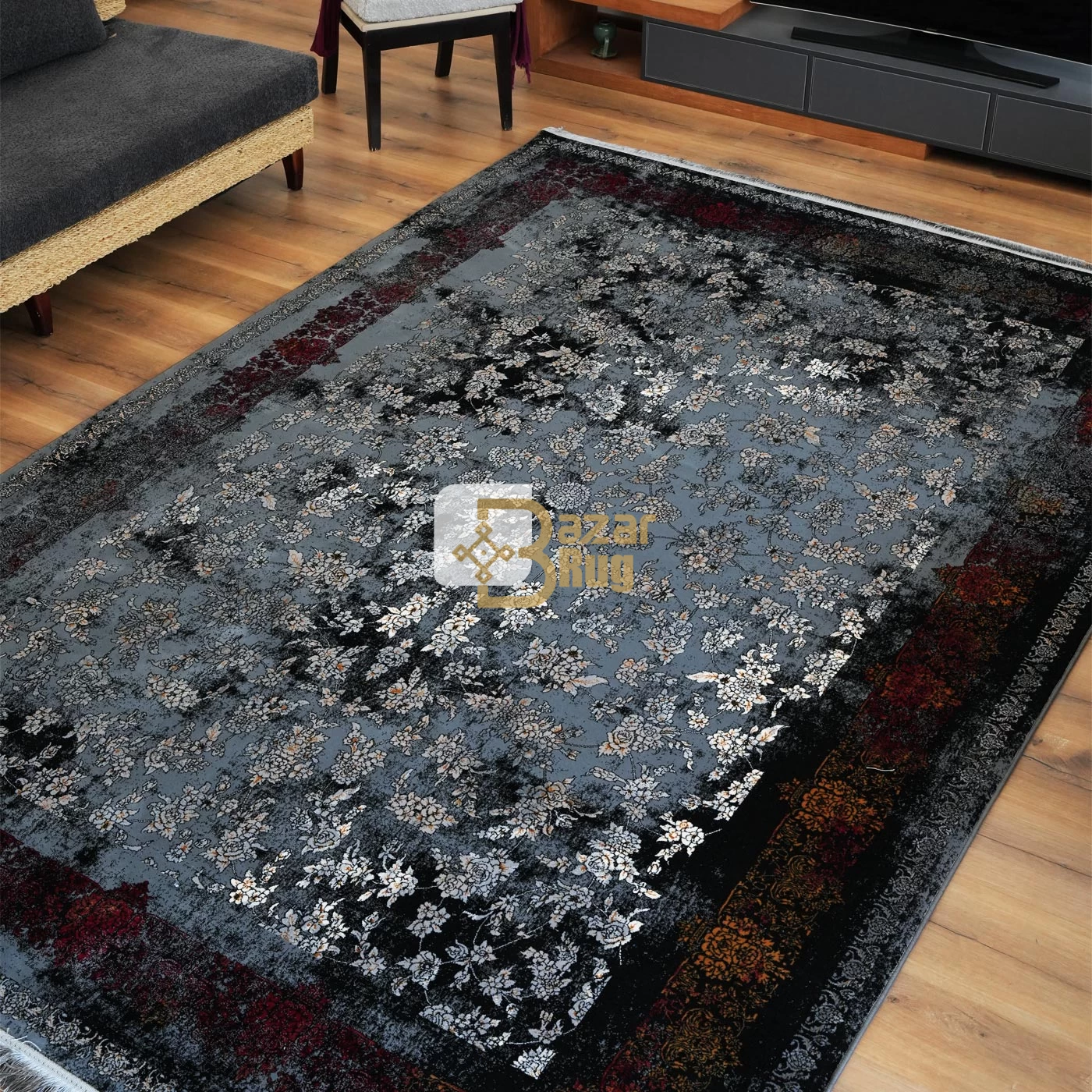 فرش ماشینی 700 شانه تراکم 2550 طرح سپیده سرمه ای