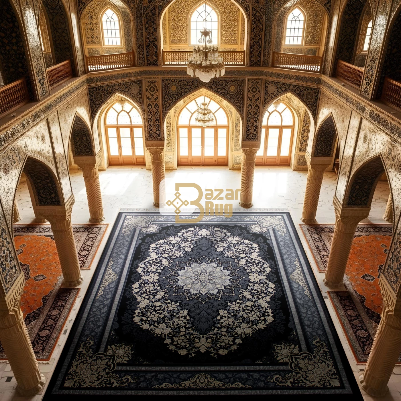 فرش ماشینی 700 شانه تراکم 2550 طرح تندیس سرمه ای