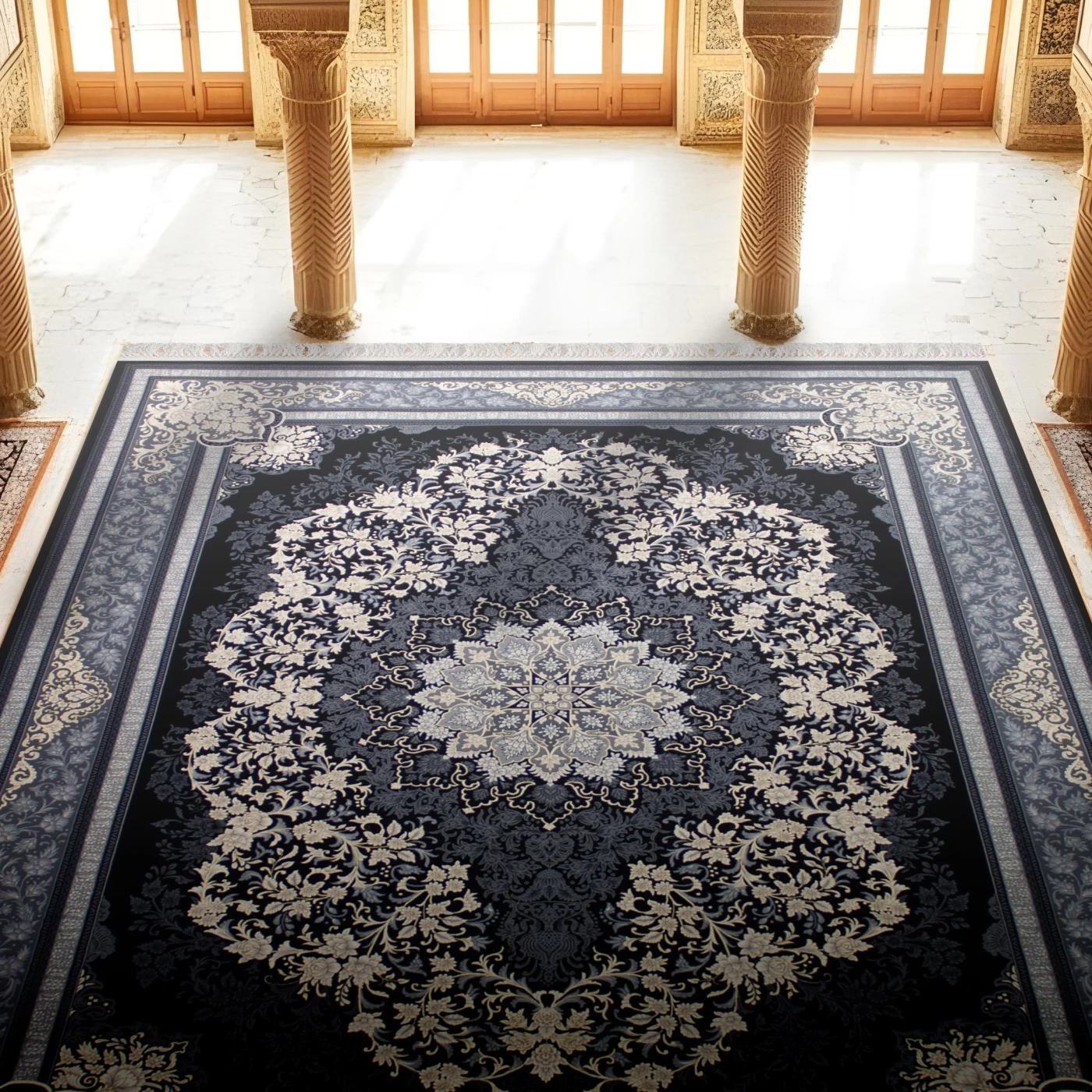 فرش ماشینی 700 شانه تراکم 2550 طرح تندیس سرمه ای