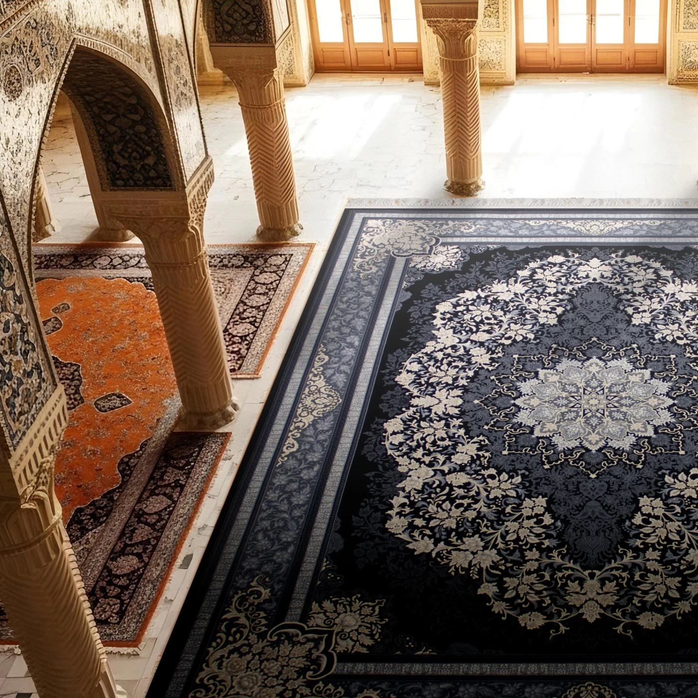 فرش ماشینی 700 شانه تراکم 2550 طرح تندیس سرمه ای