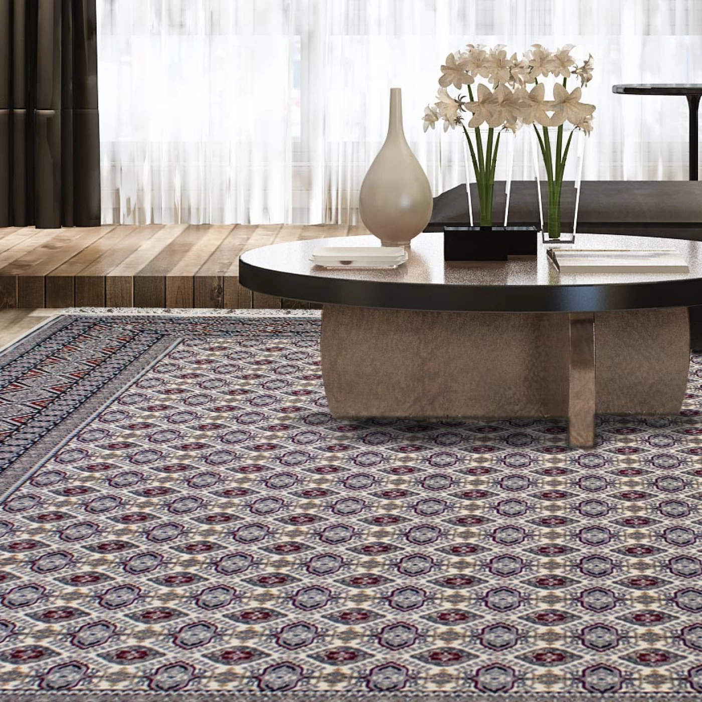 فرش ماشینی 700 شانه تراکم 2550 طرح ترکمن کرم