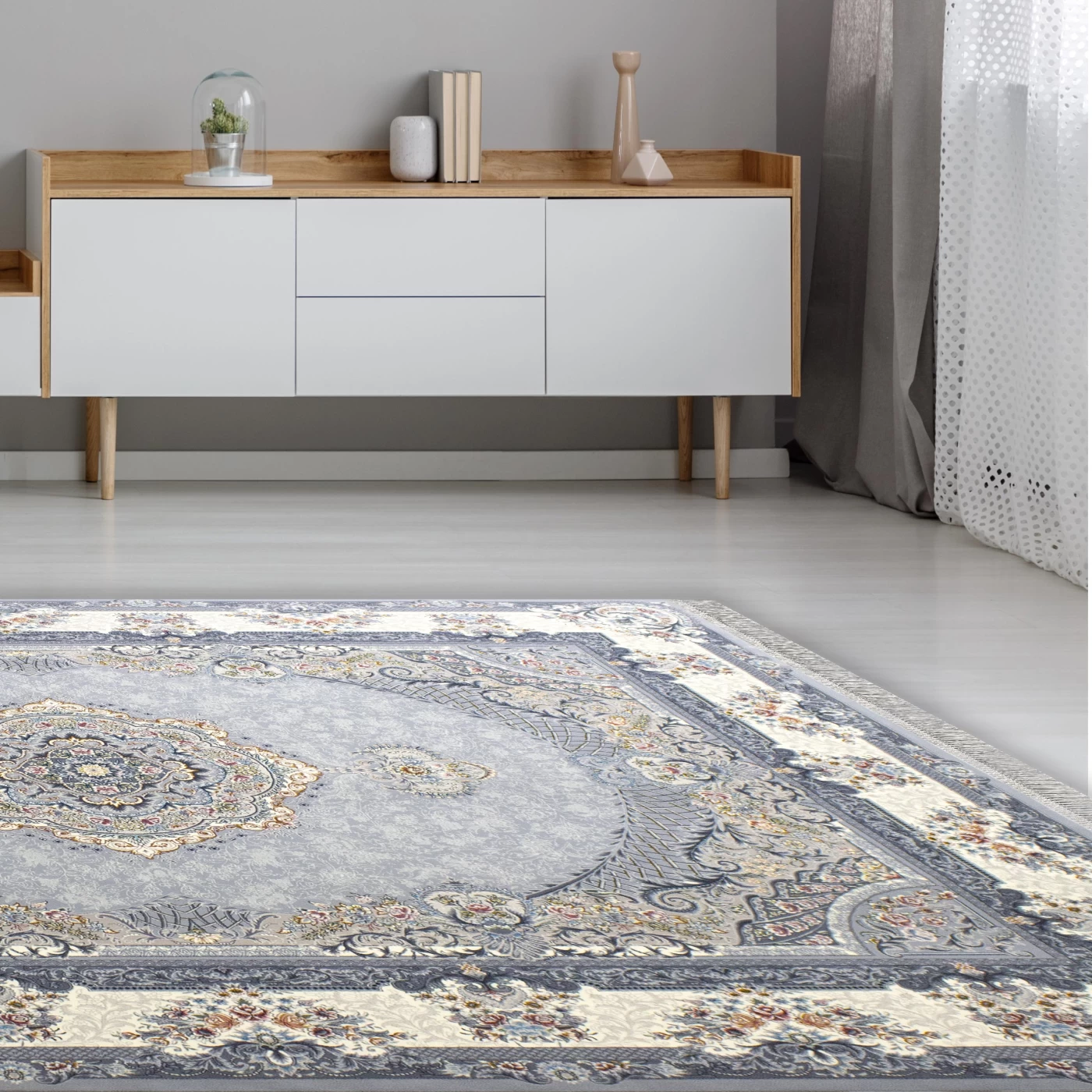 فرش ماشینی 700 شانه تراکم 2550 طرح ژاکلین نقره‌ای