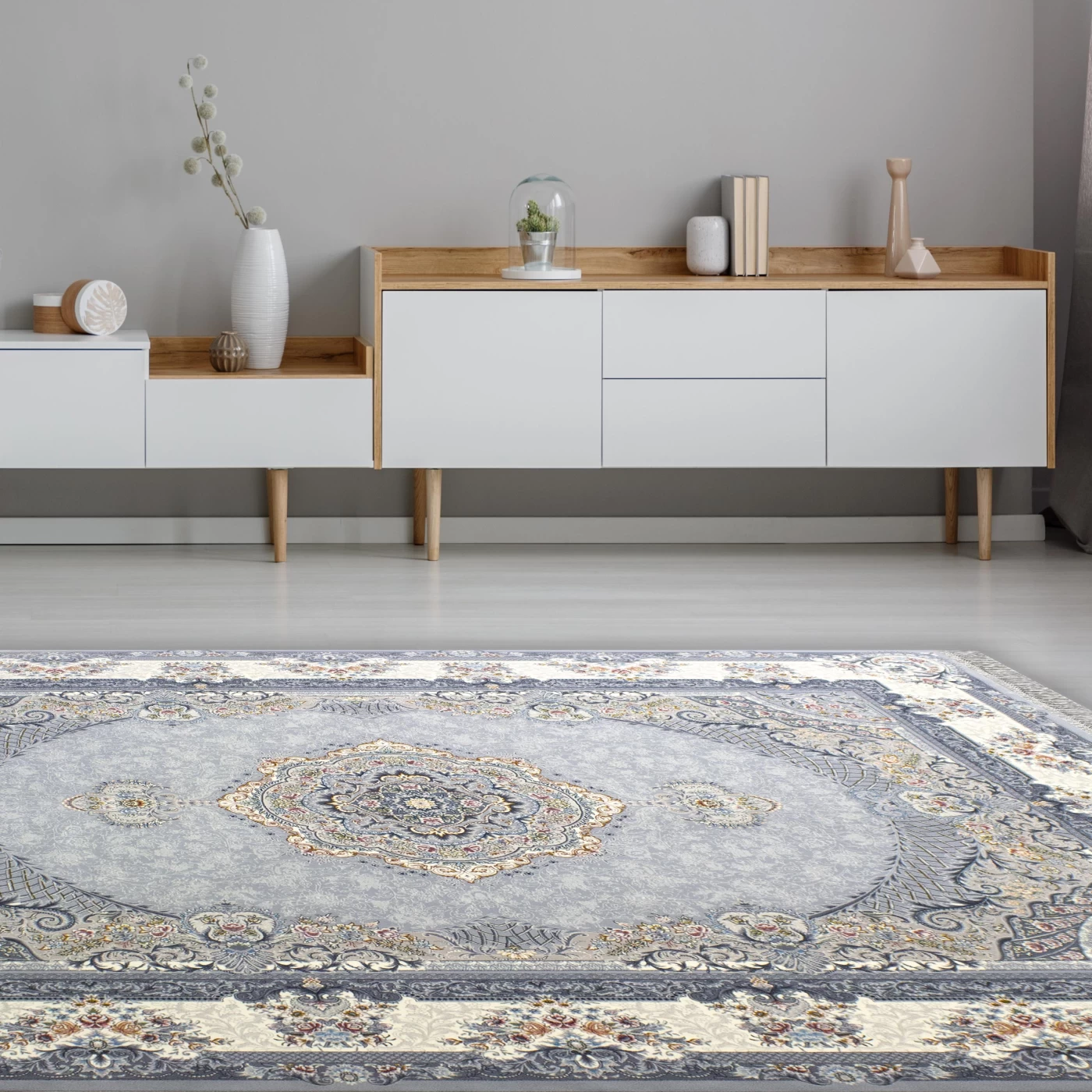 فرش ماشینی 700 شانه تراکم 2550 طرح ژاکلین نقره‌ای