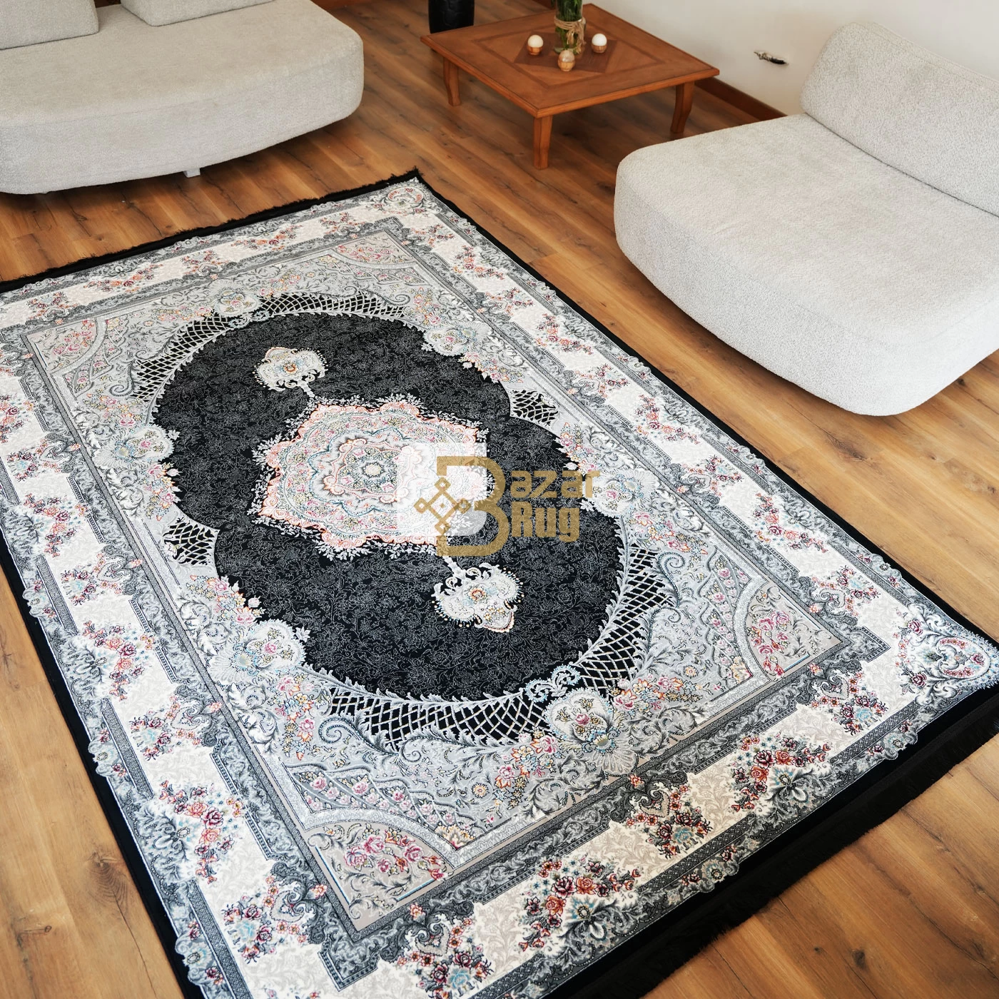 فرش ماشینی 700 شانه تراکم 2550 طرح ژاکلین سرمه ای