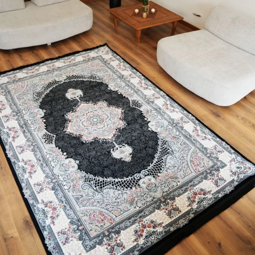 فرش ماشینی 700 شانه تراکم 2550 طرح ژاکلین سرمه ای