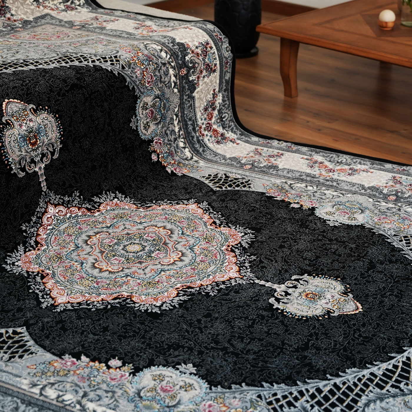 فرش ماشینی 700 شانه تراکم 2550 طرح ژاکلین سرمه ای