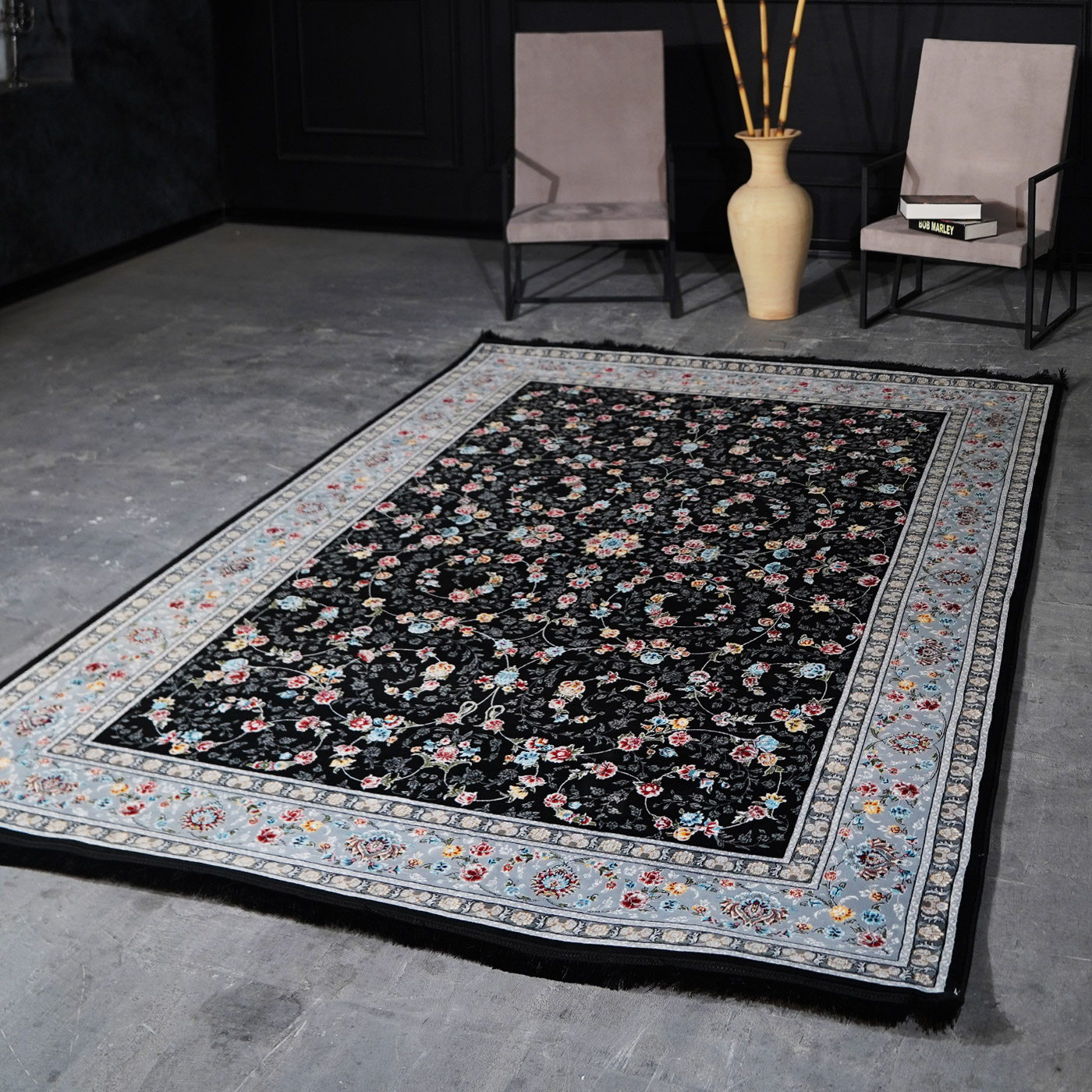 فرش ماشینی 700 شانه تراکم 2550 طرح زیبا سرمه ای