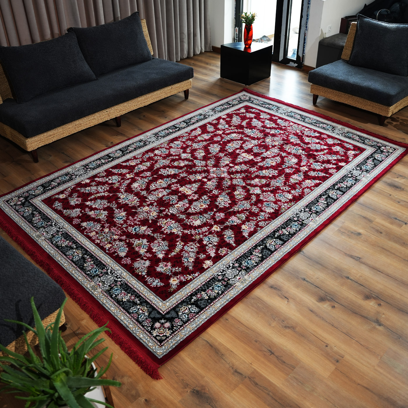 فرش ماشینی 700 شانه تراکم 2550 طرح ژینوس روناسی حاشیه سرمه ای