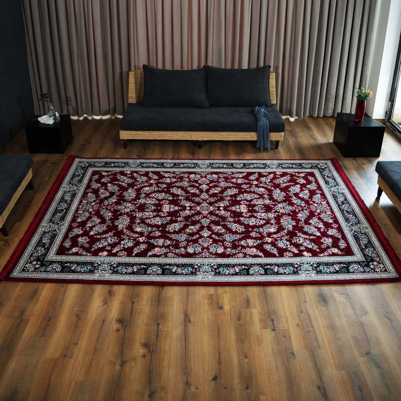 فرش ماشینی 700 شانه تراکم 2550 طرح ژینوس روناسی حاشیه سرمه ای