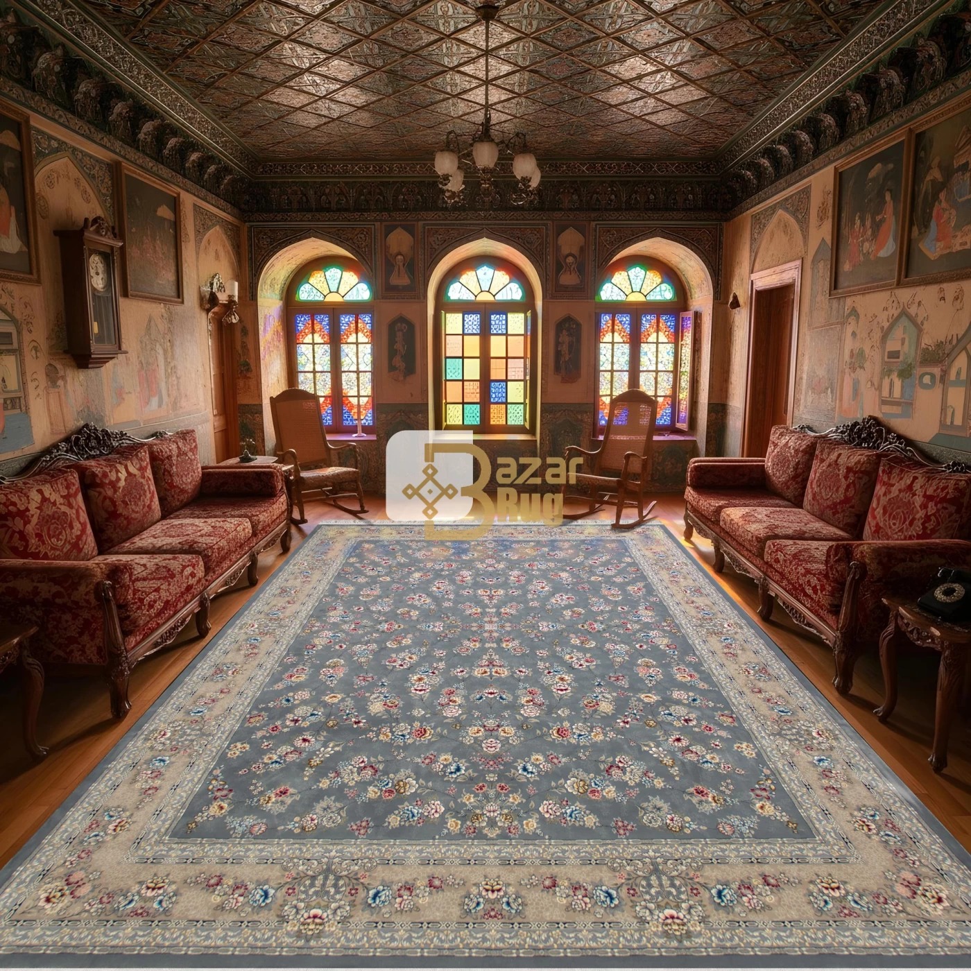 فرش ماشینی ۷۰۰ شانه تراکم ۲۵۵۰ طرح ژینوس دودی