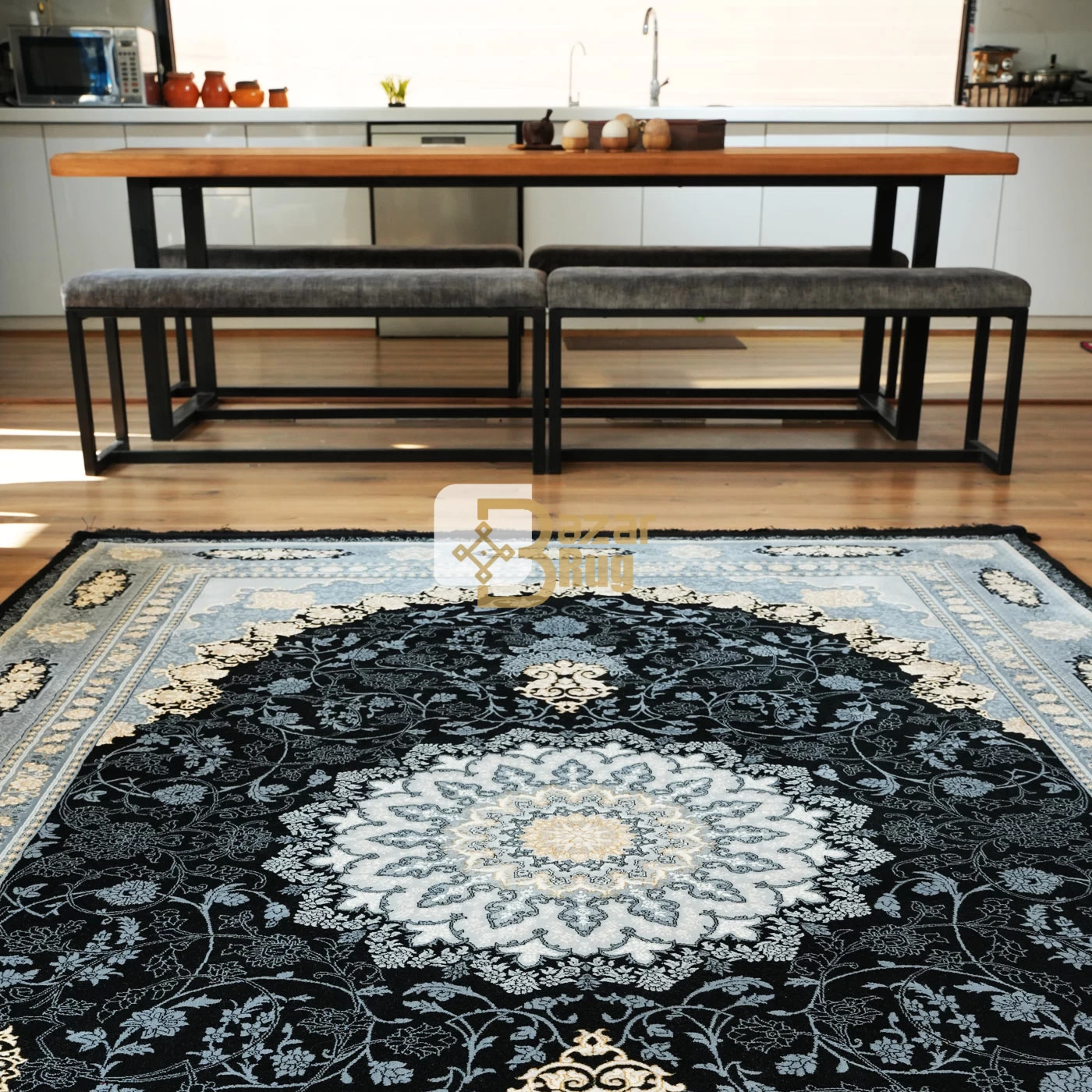 فرش ماشینی 700 شانه تراکم 2550 طرح آنیسا سرمه ای