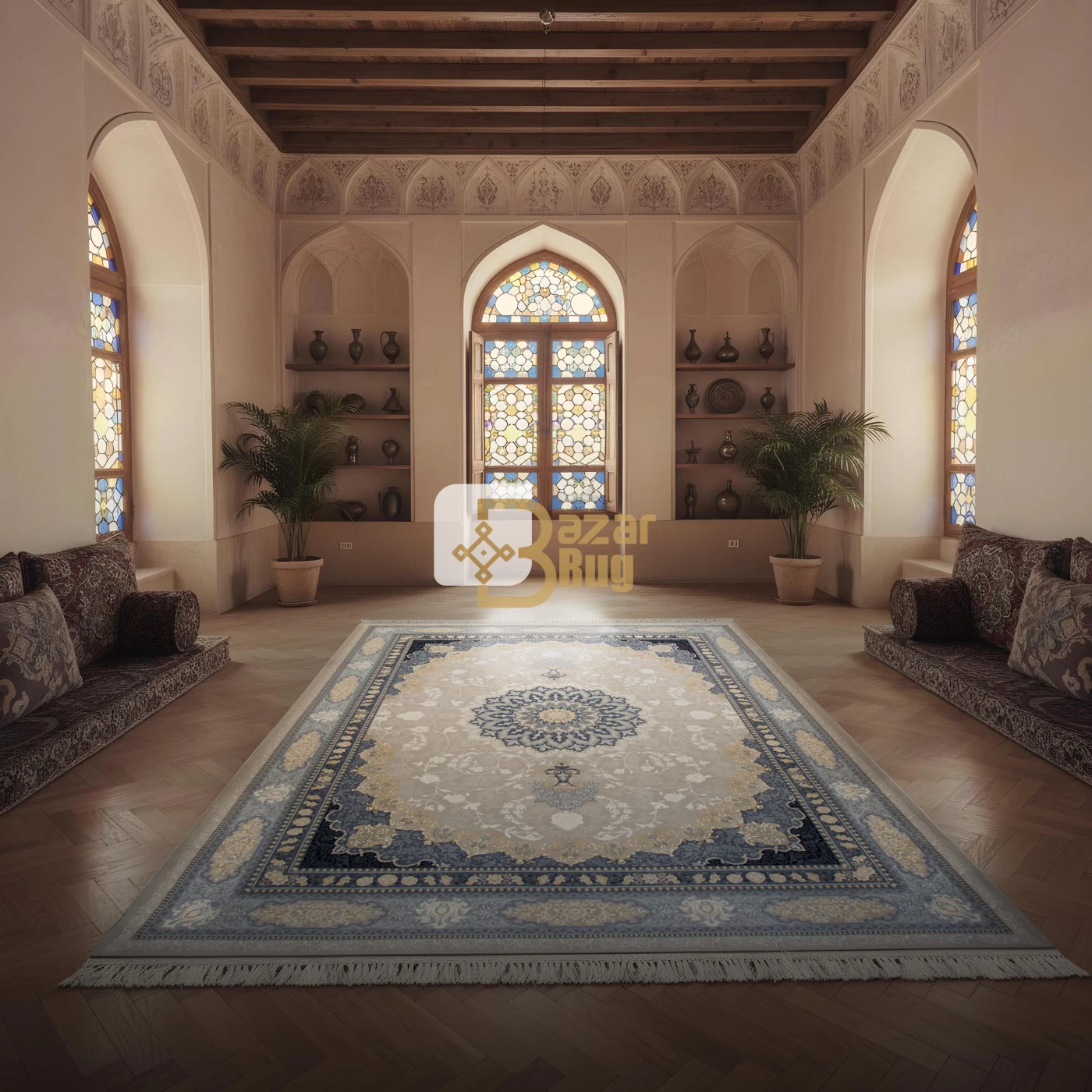 فرش ماشینی ۷۰۰ شانه تراکم ۲۵۵۰ طرح آنیسا ترمه‌ ای