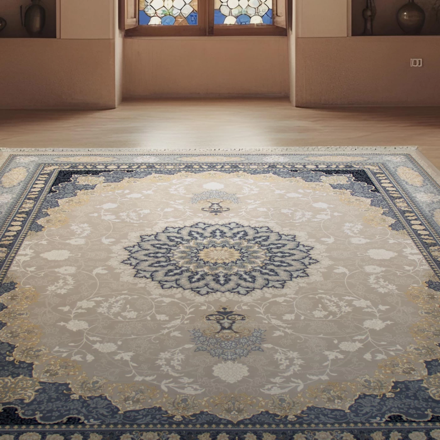 فرش ماشینی ۷۰۰ شانه تراکم ۲۵۵۰ طرح آنیسا ترمه‌ ای