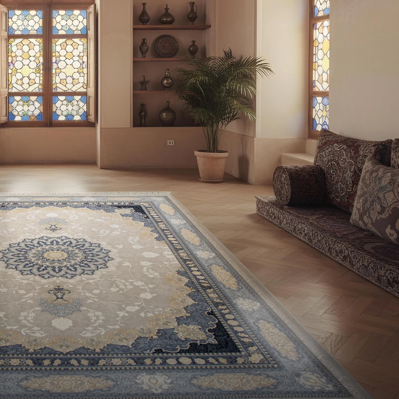 فرش ماشینی ۷۰۰ شانه تراکم ۲۵۵۰ طرح آنیسا ترمه‌ ای