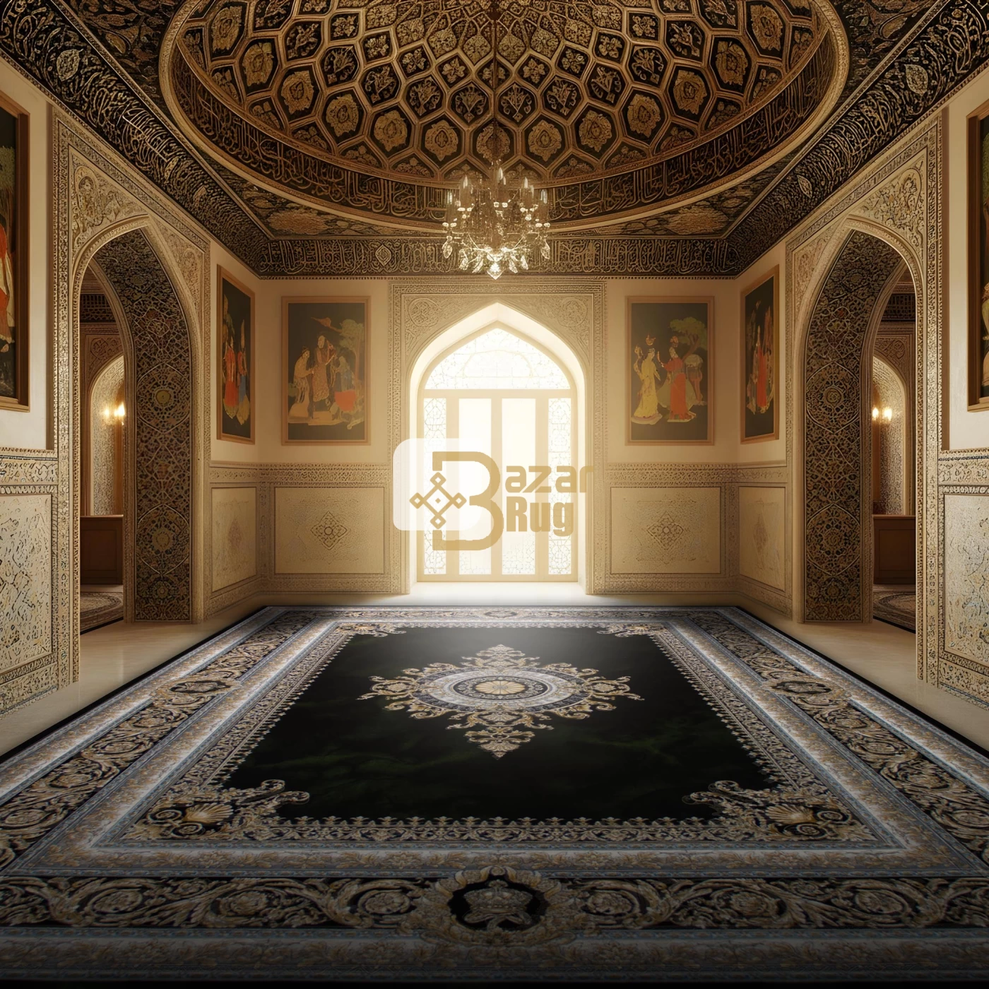 فرش ماشینی ۷۰۰ شانه تراکم ۲۵۵۰ طرح جیوا سبز سرمه‌ ای