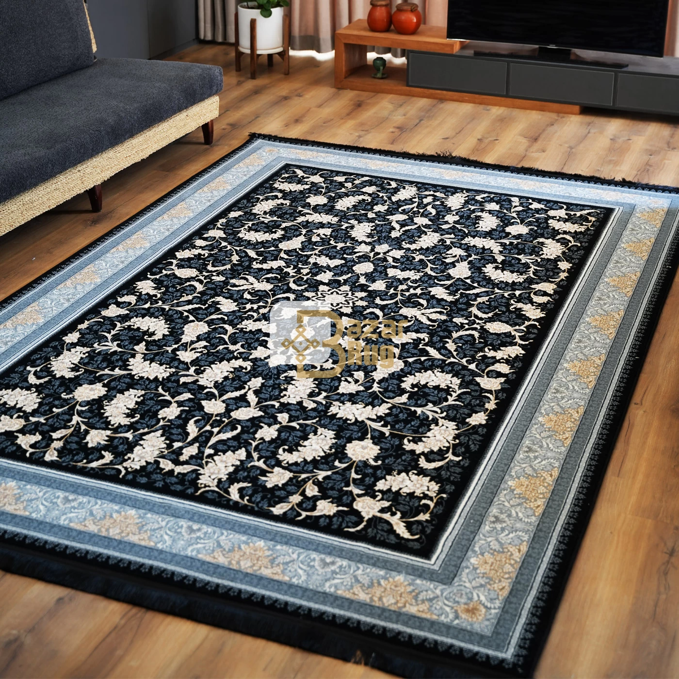  فرش ماشینی 700 شانه تراکم 2550 طرح نگار سرمه ای