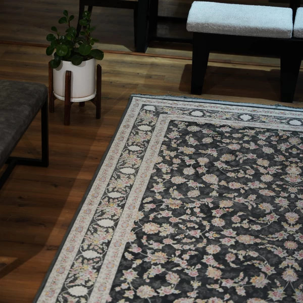 فرش ماشینی 1200 شانه تراکم 3600 گل برجسته طرح دلوین دودی