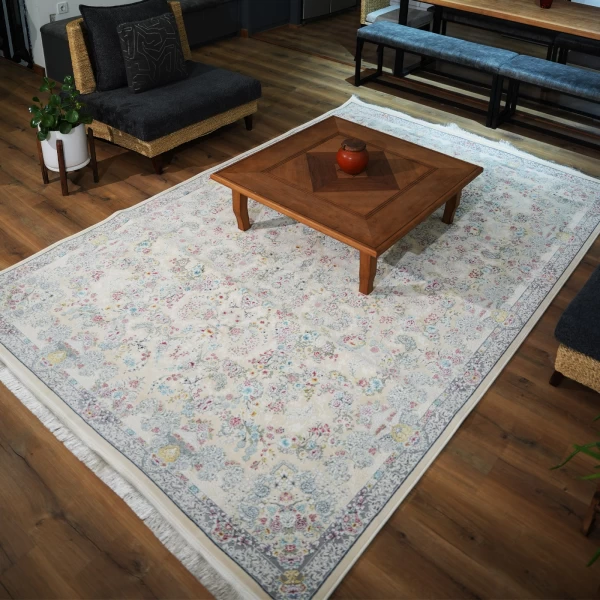 فرش ماشینی 1200 شانه تراکم 3600گل برجسته طرح سیمین کرم