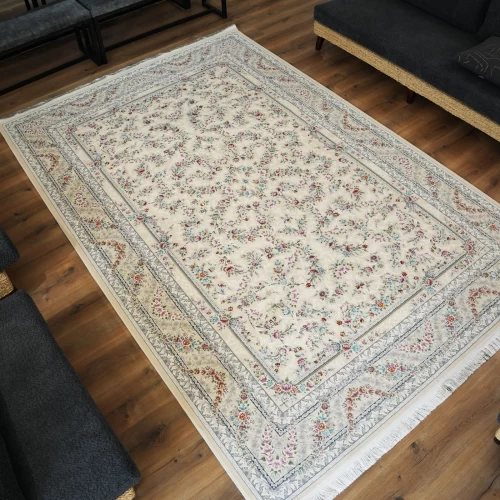 فرش ماشینی 1200 شانه تراکم 3600 گل برجسته طرح آوینا کرم