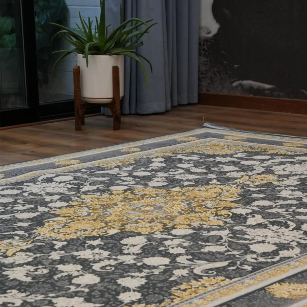 فرش ماشینی 1200 شانه تراکم 3600 گل برجسته طرح رایان دودی